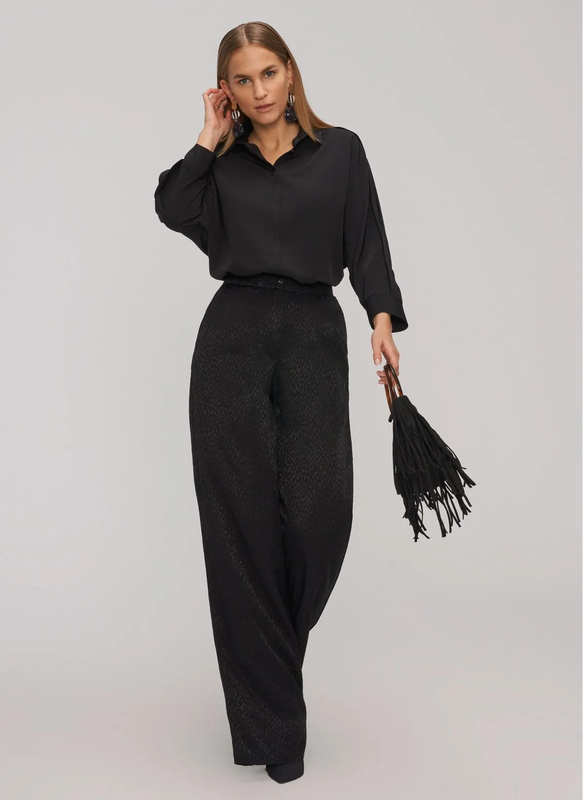 13773 Black Wide Leg Patterned Pants