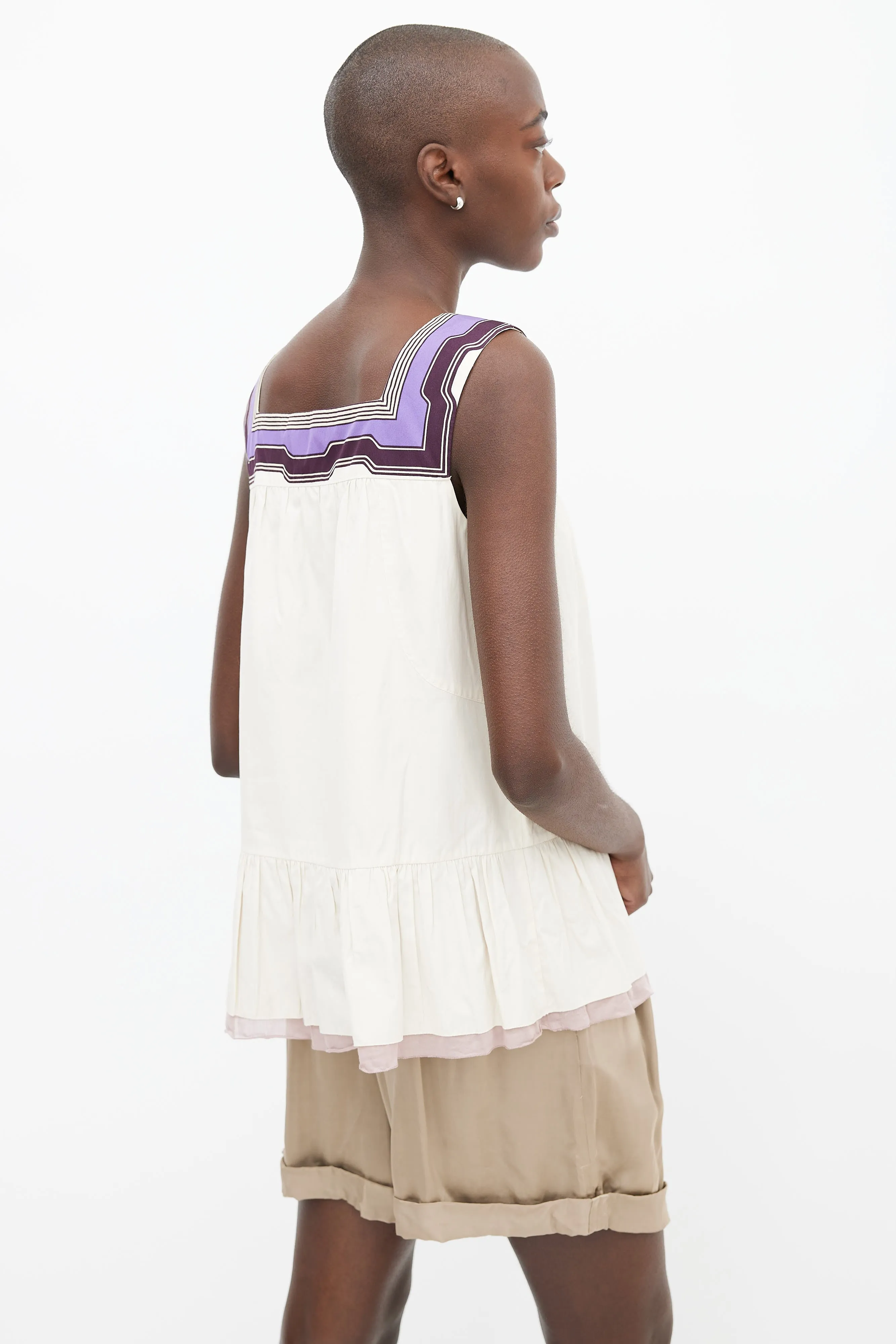 Beige & Purple Cotton Ruffle Top