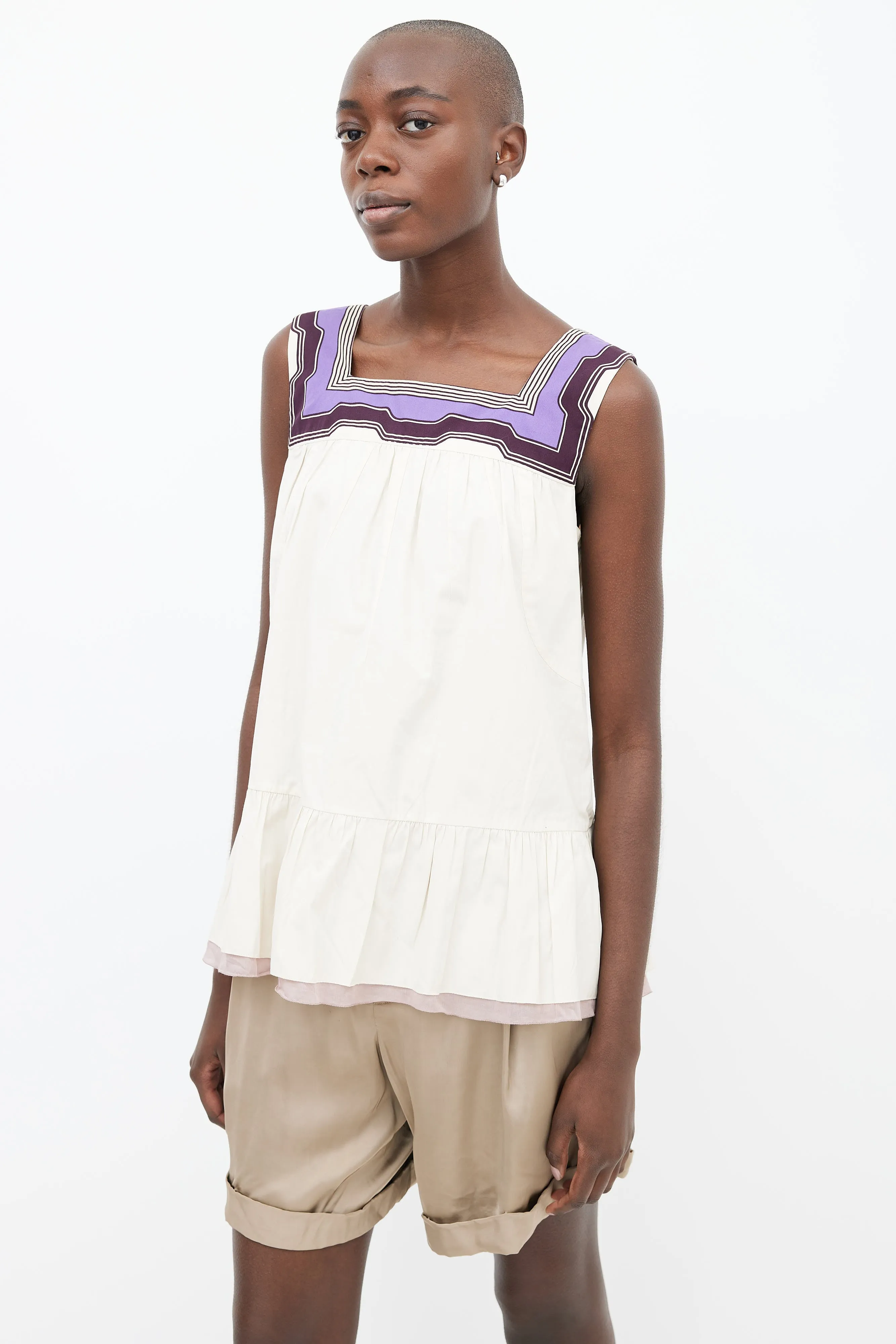 Beige & Purple Cotton Ruffle Top