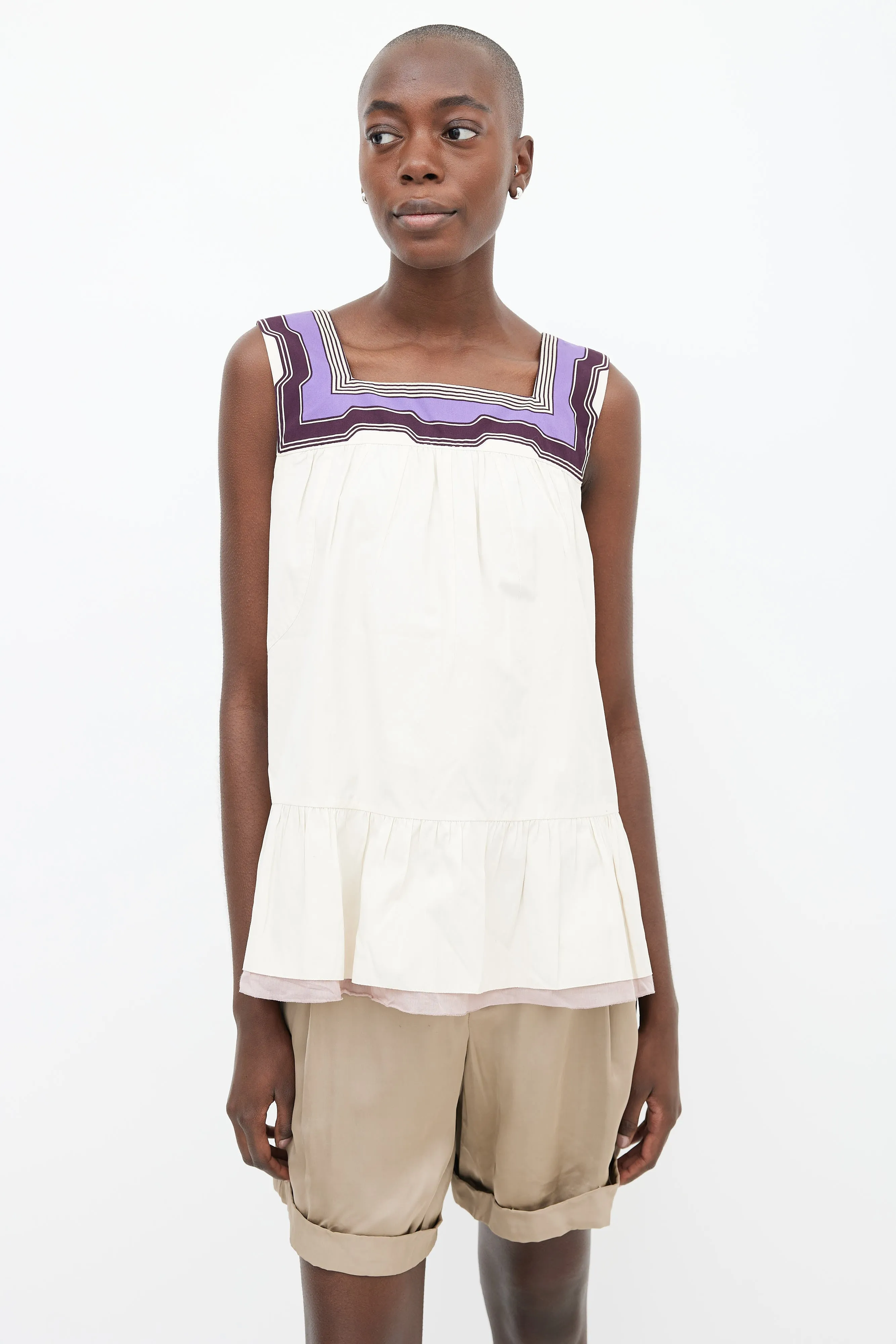 Beige & Purple Cotton Ruffle Top