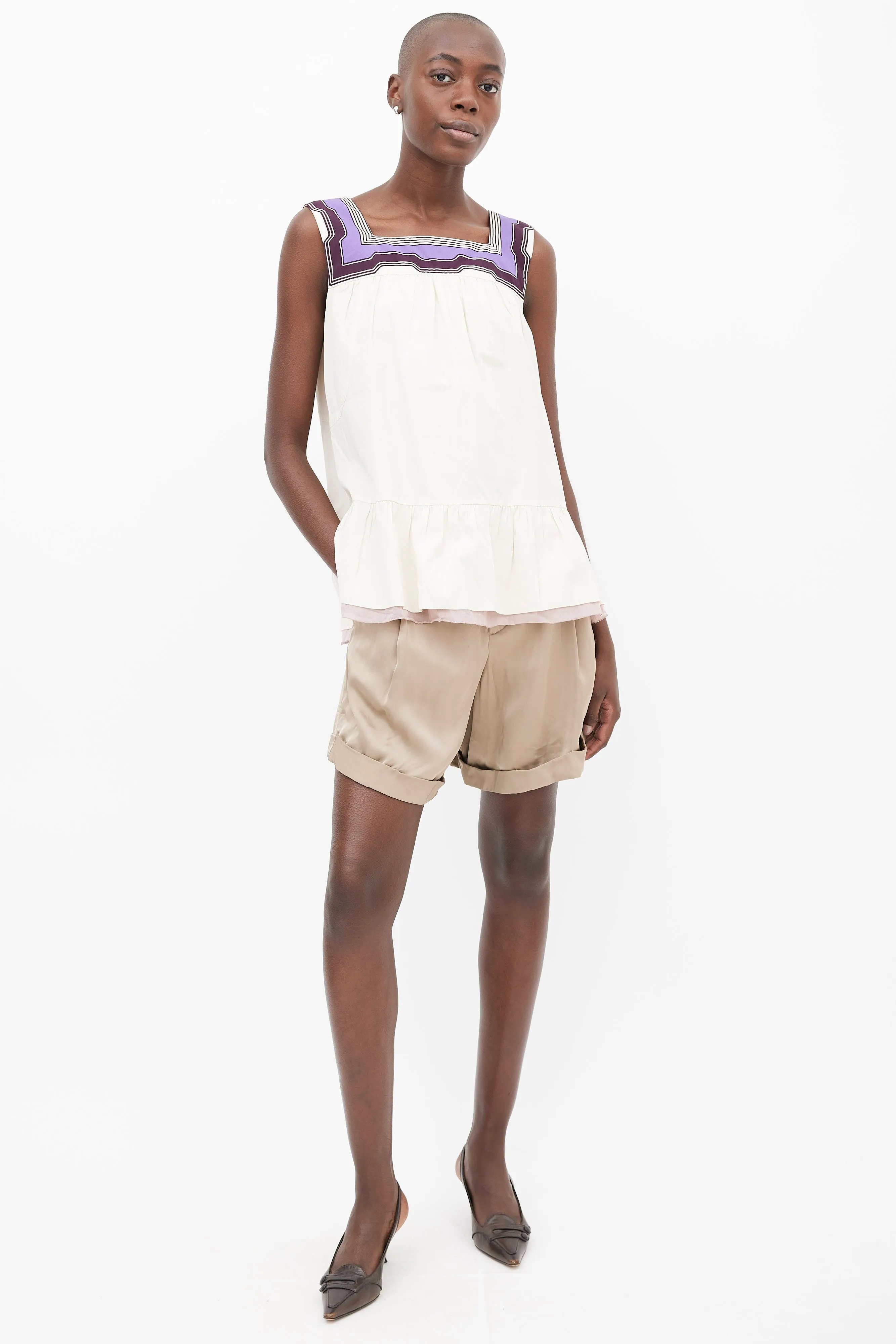Beige & Purple Cotton Ruffle Top