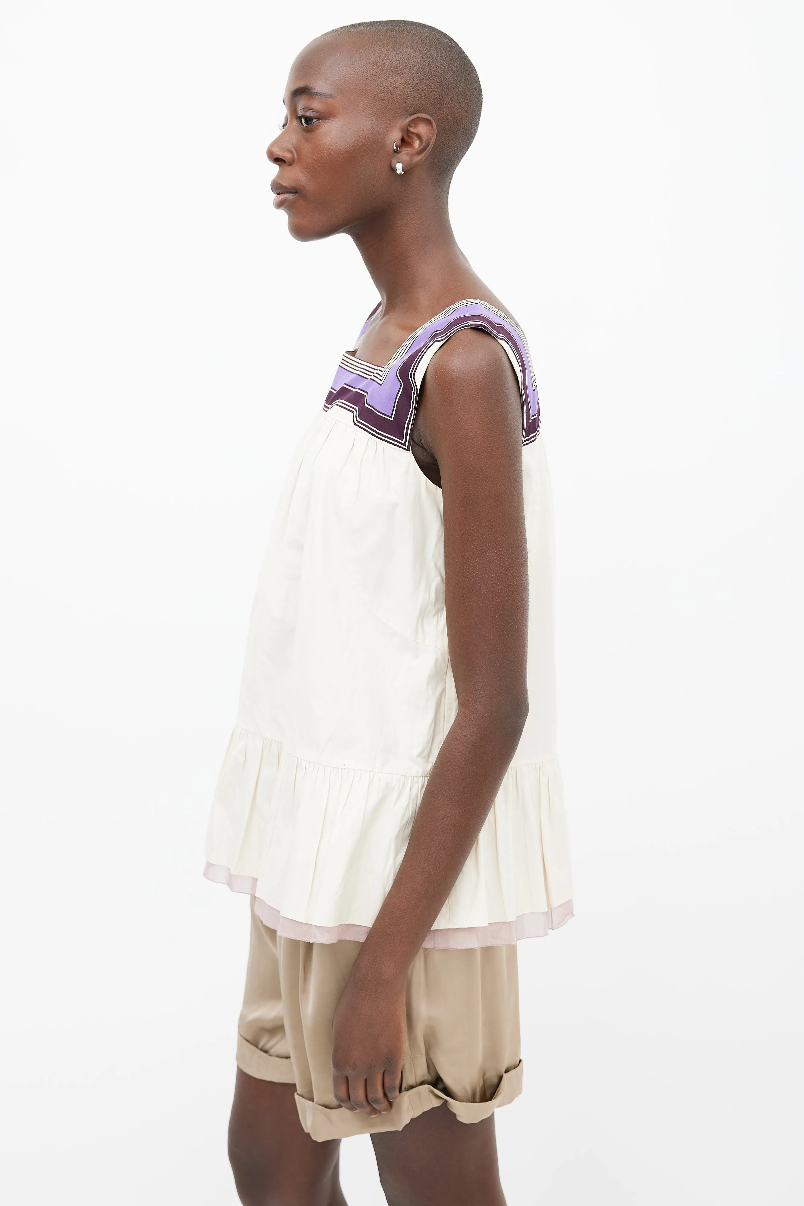 Beige & Purple Cotton Ruffle Top