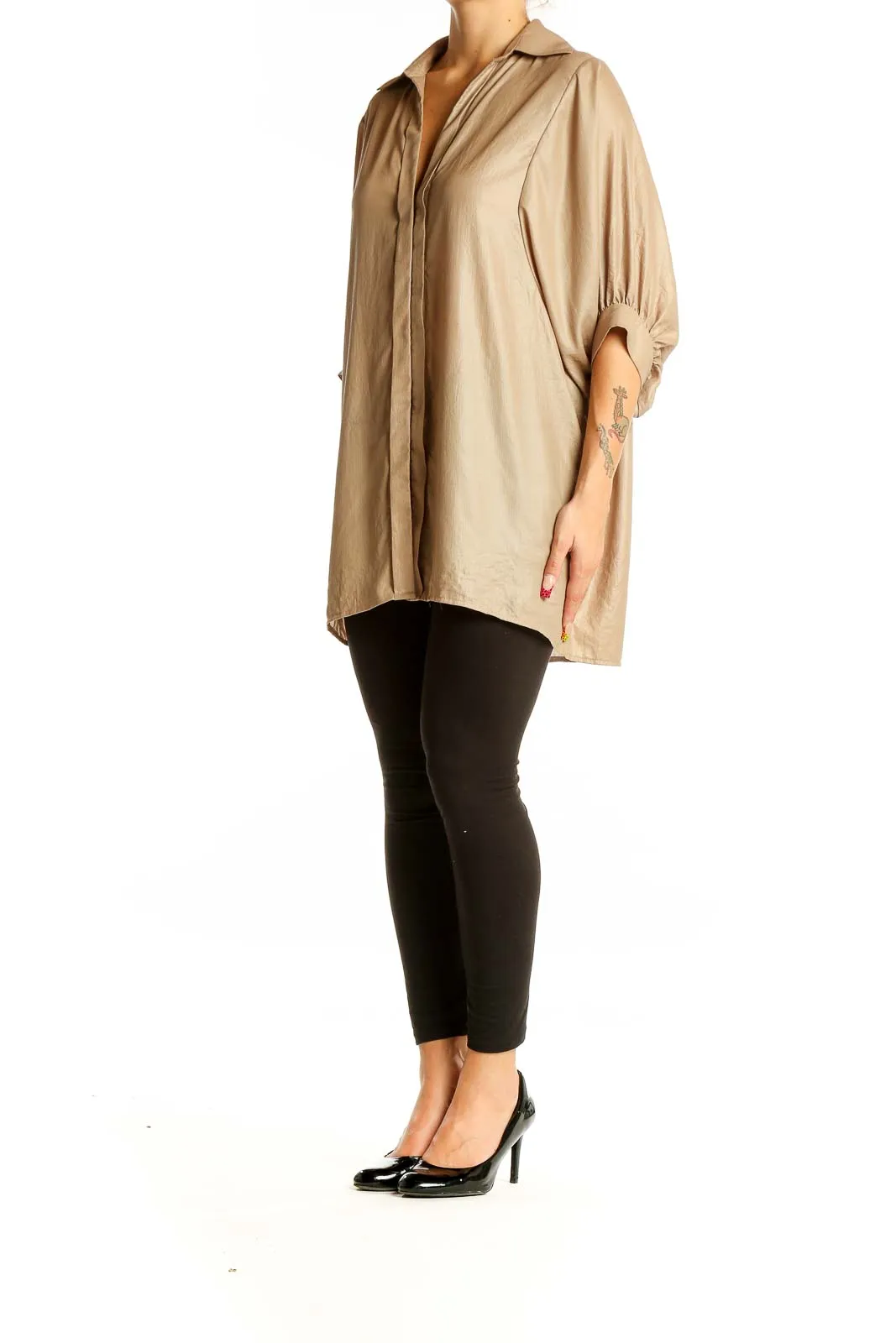 Beige Oversized Button-Down Blouse