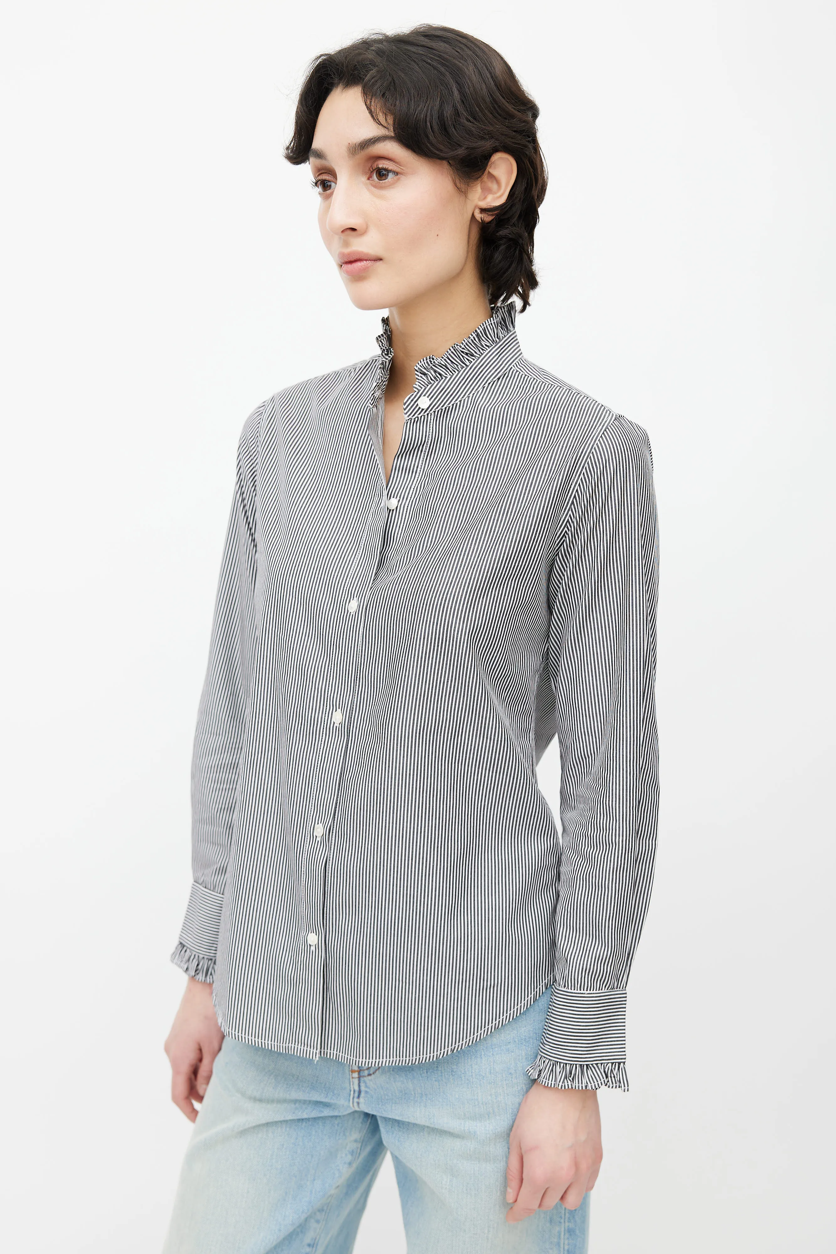 Black & White Stripe Ruffle Collar Shirt
