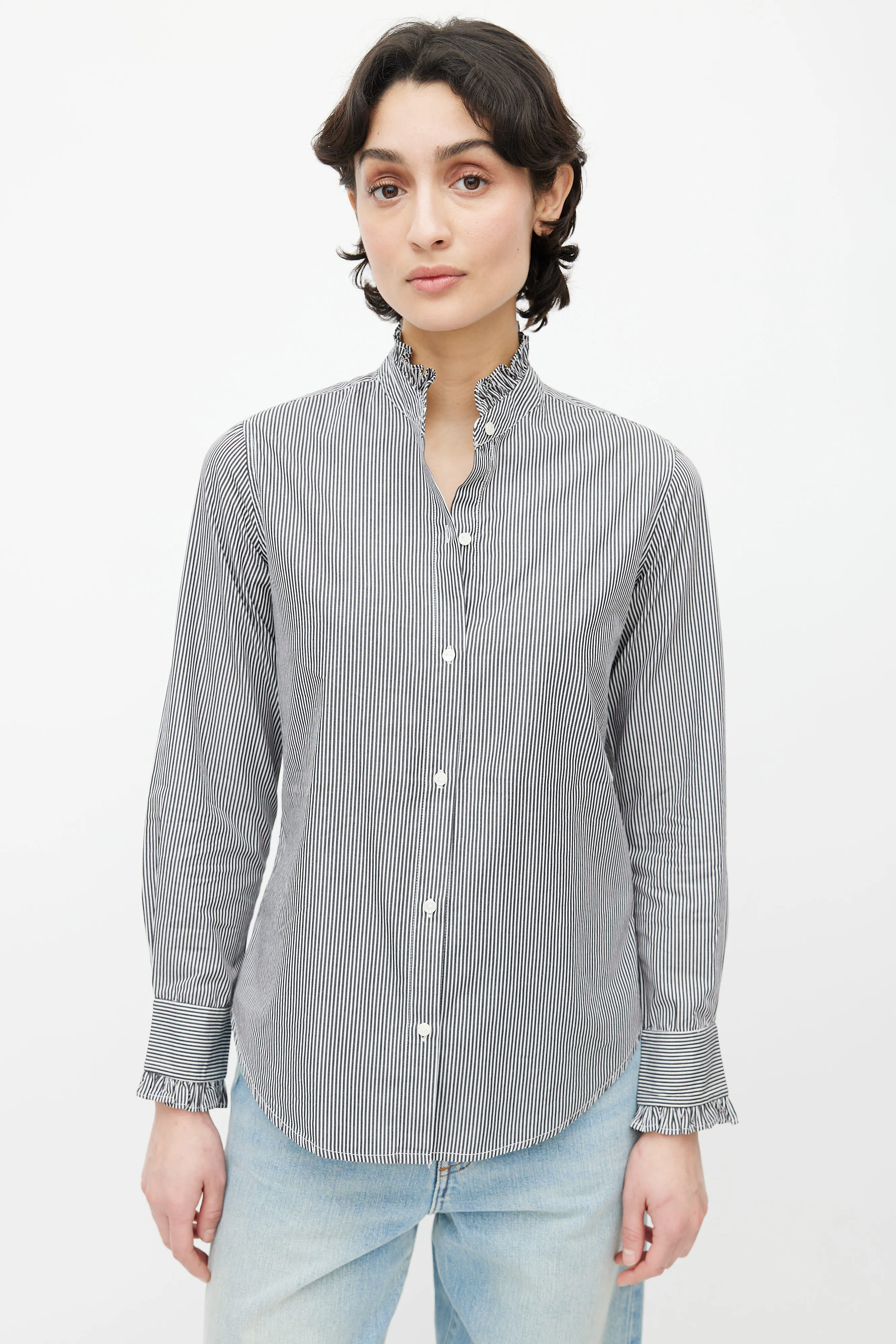 Black & White Stripe Ruffle Collar Shirt