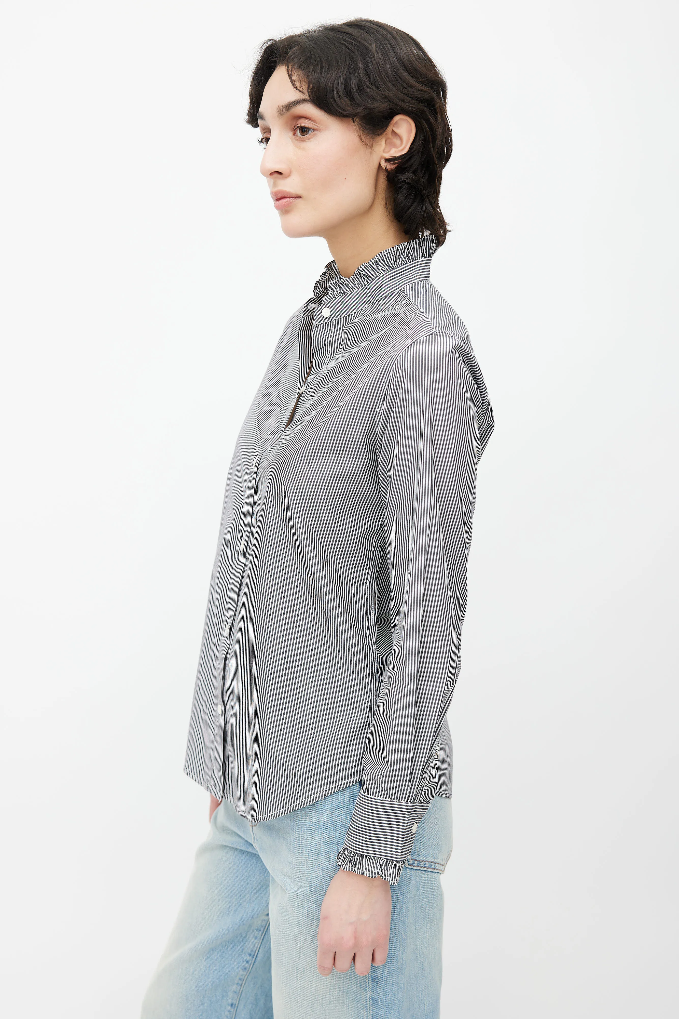 Black & White Stripe Ruffle Collar Shirt