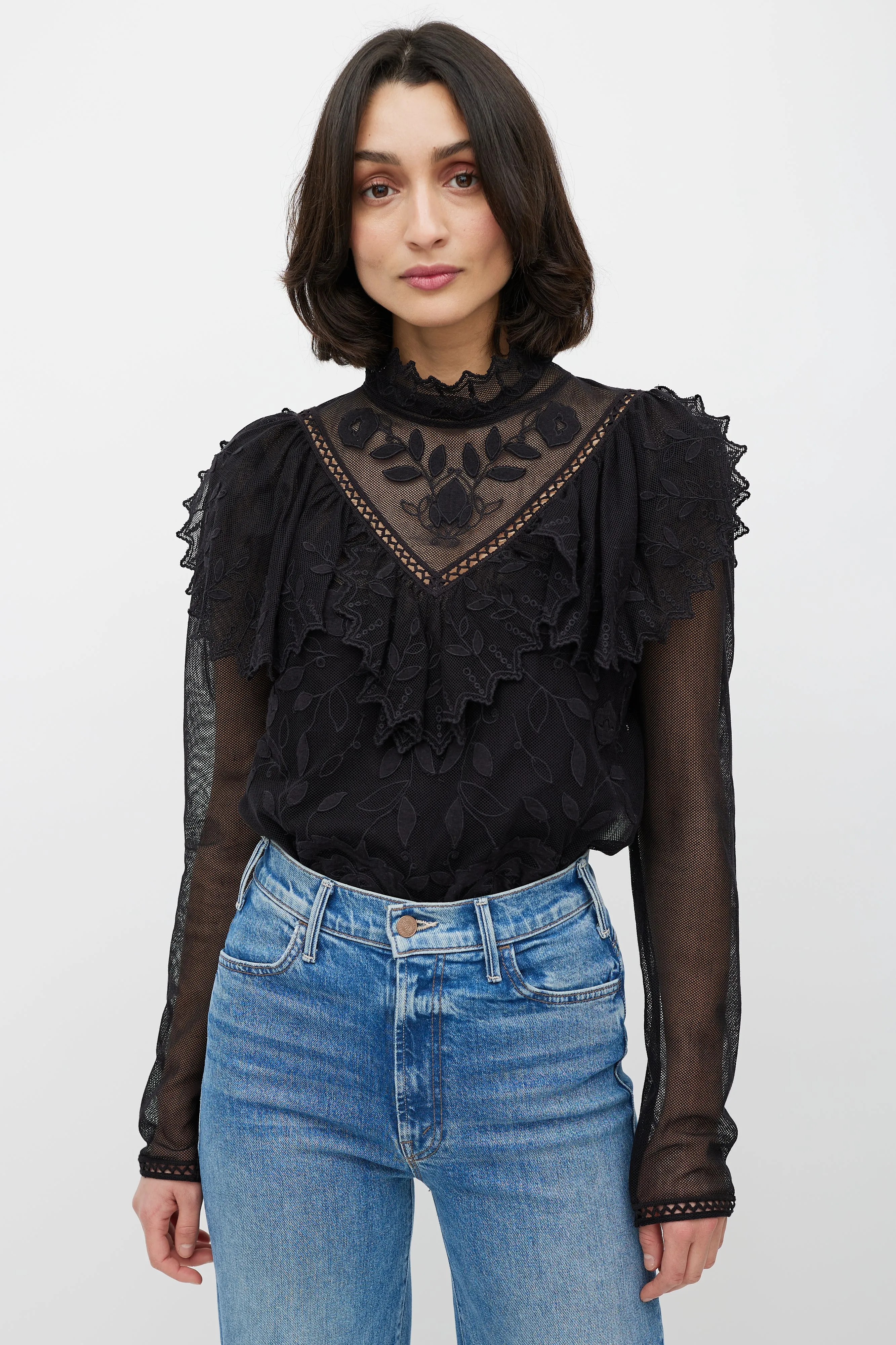 Black Lace Floral Ruffle Top