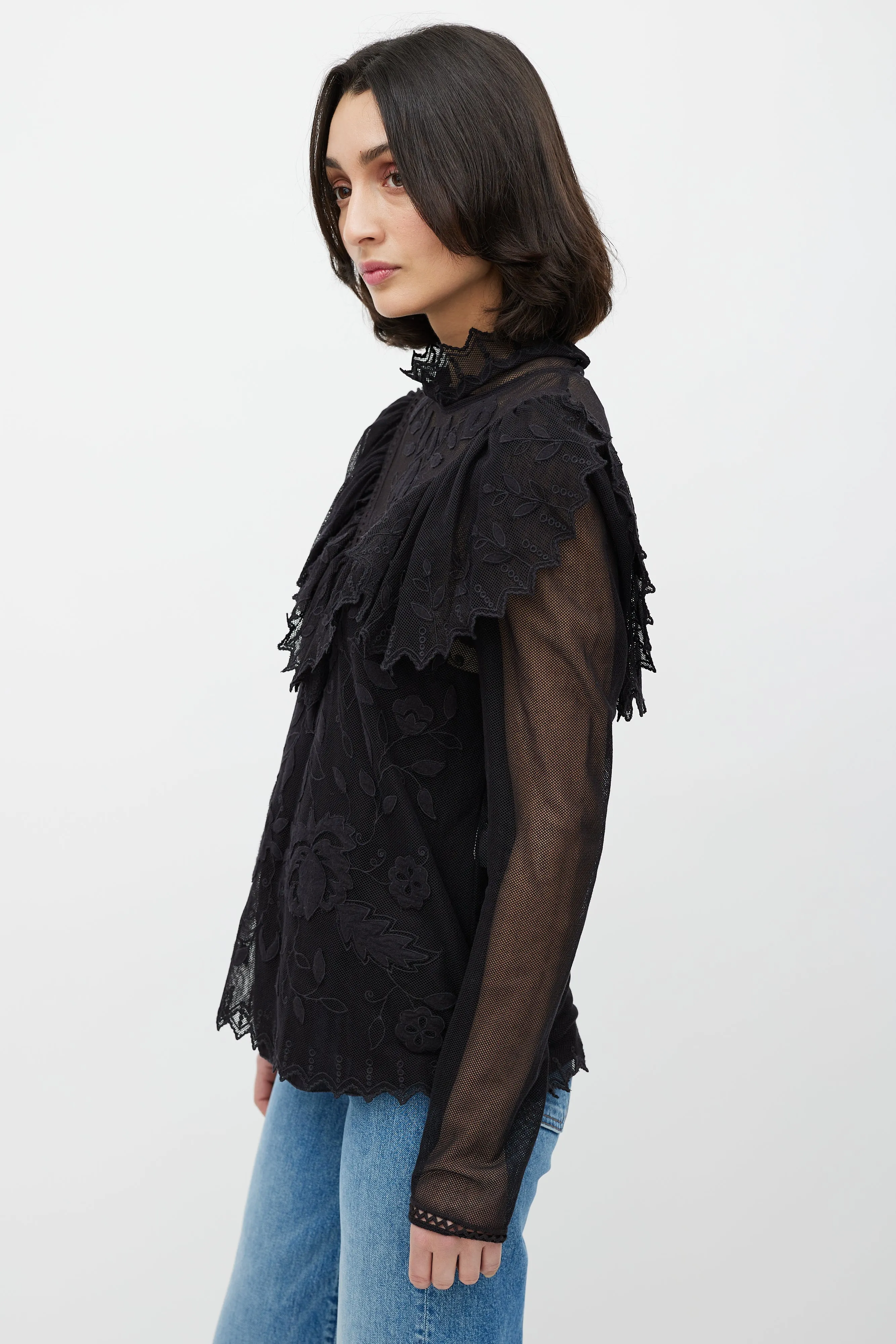 Black Lace Floral Ruffle Top