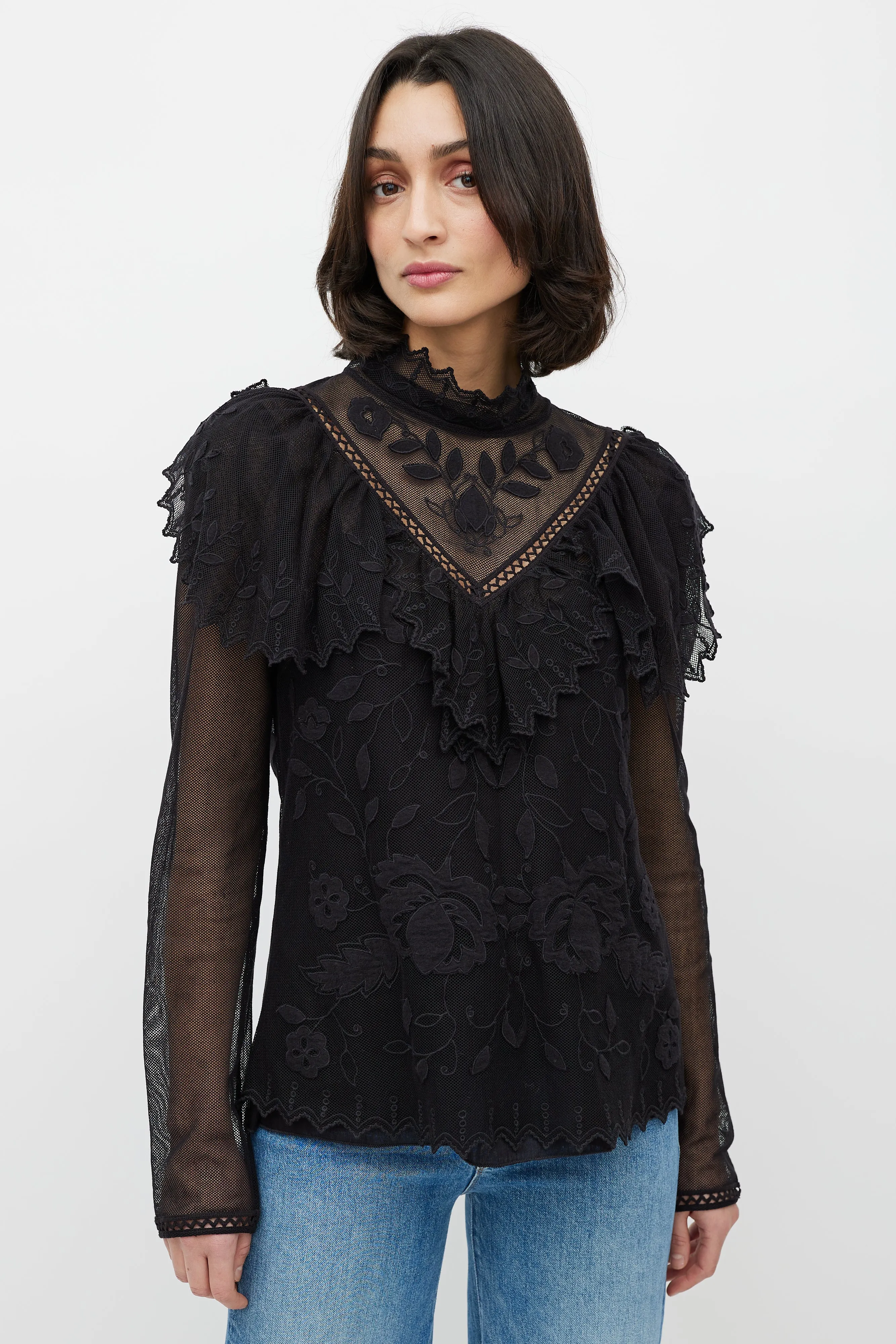 Black Lace Floral Ruffle Top