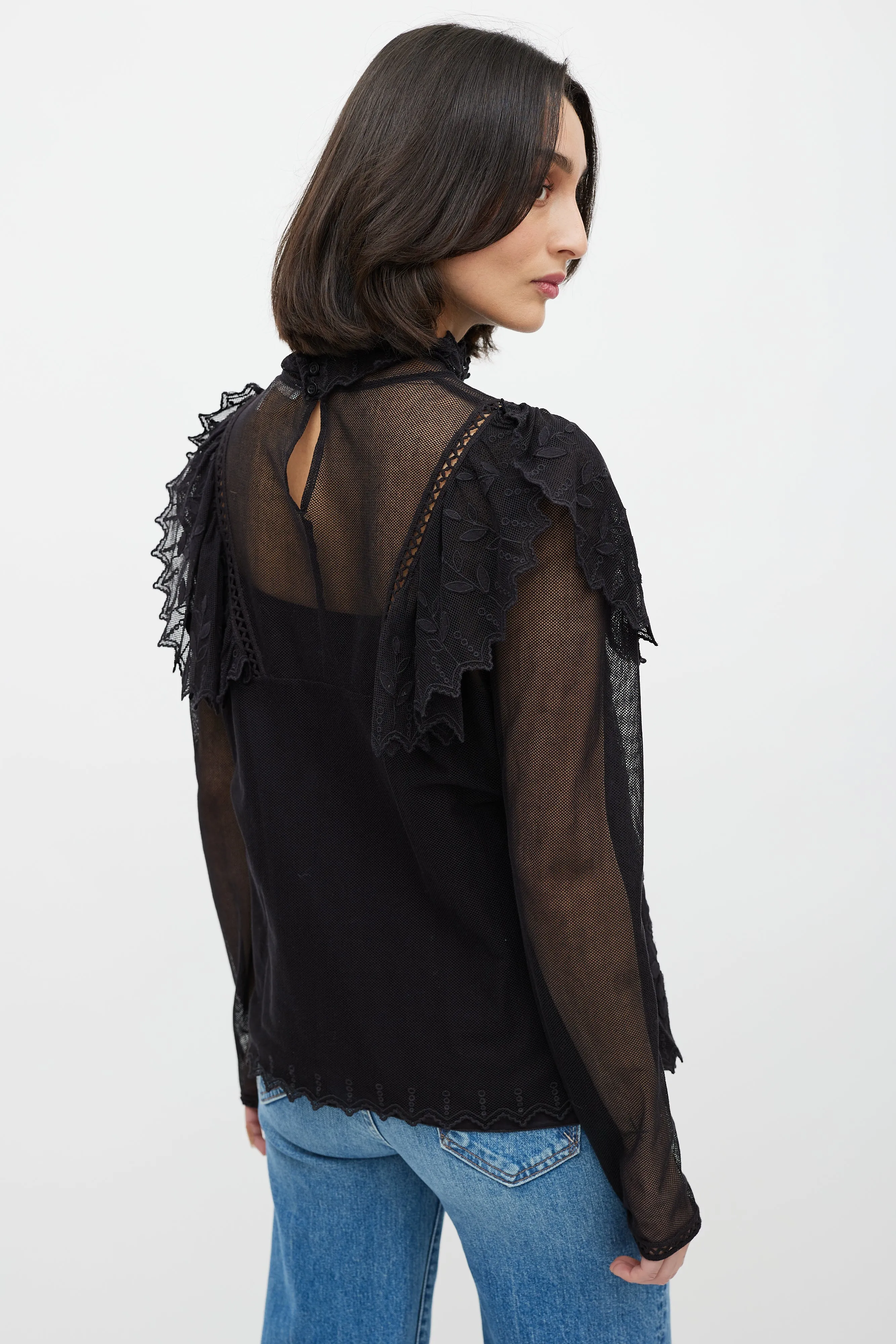 Black Lace Floral Ruffle Top