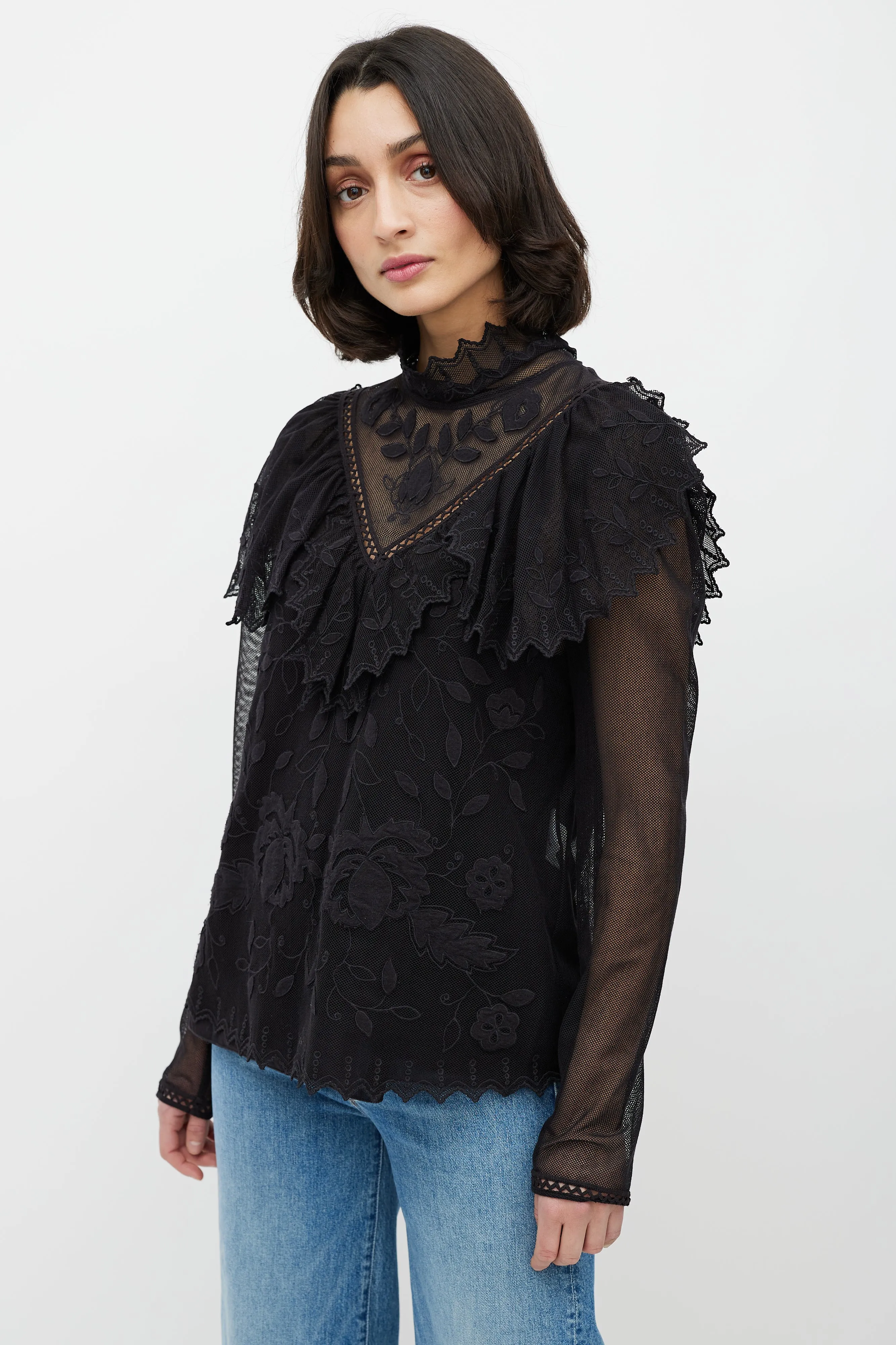 Black Lace Floral Ruffle Top