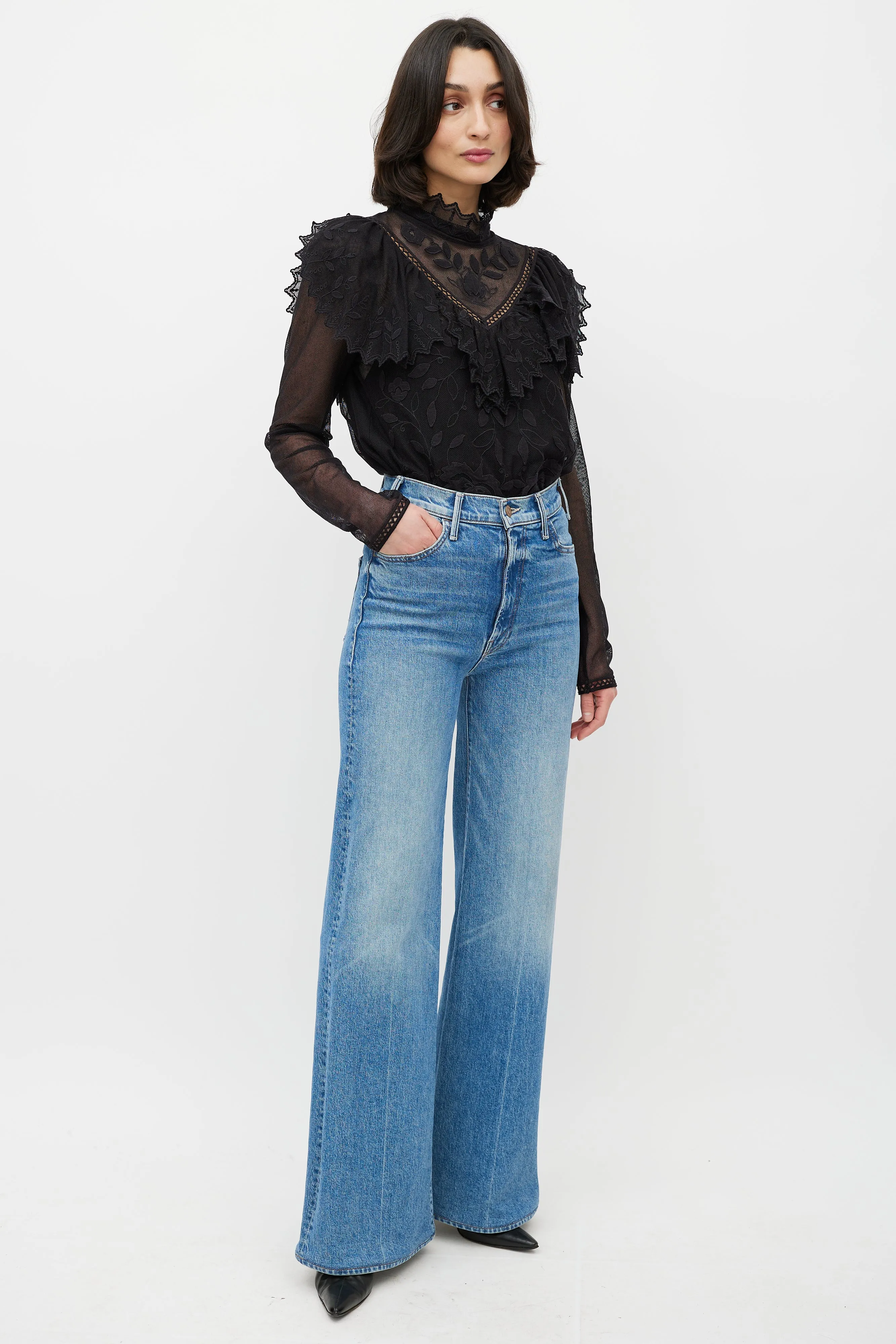 Black Lace Floral Ruffle Top