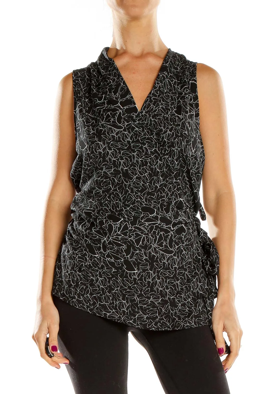 Black Patterned Sleeveless Wrap Top