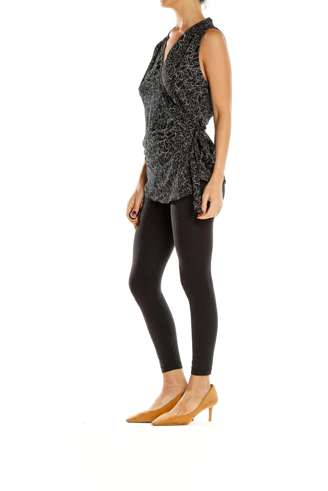 Black Patterned Sleeveless Wrap Top