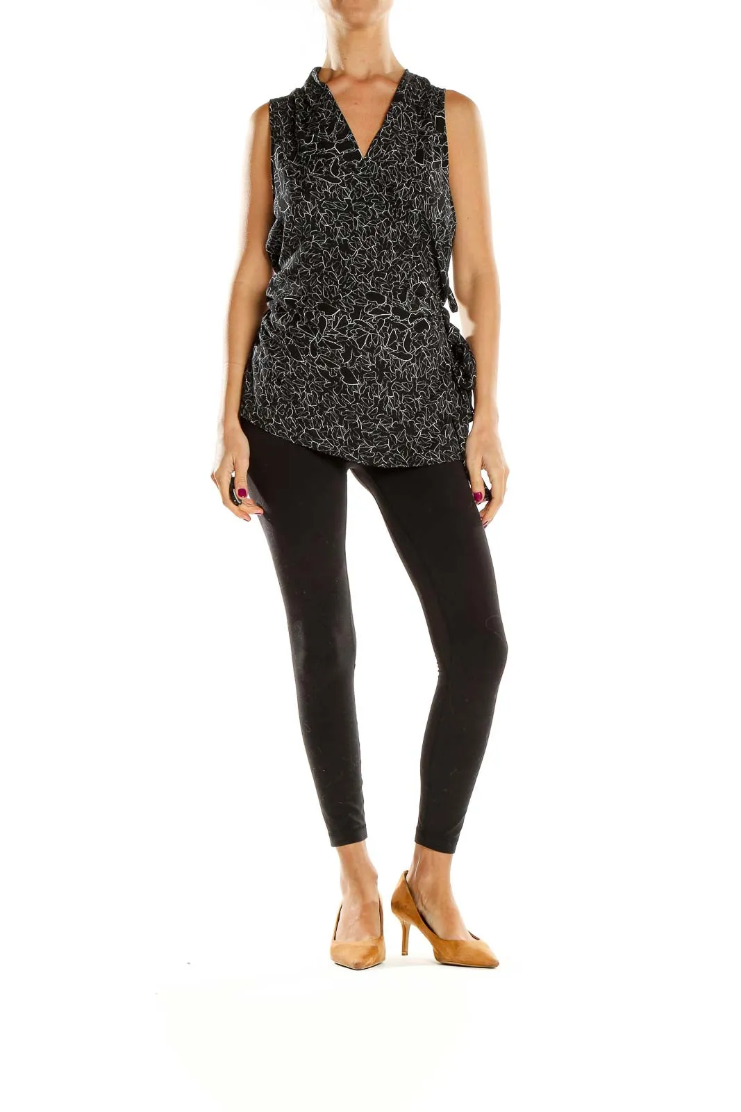 Black Patterned Sleeveless Wrap Top