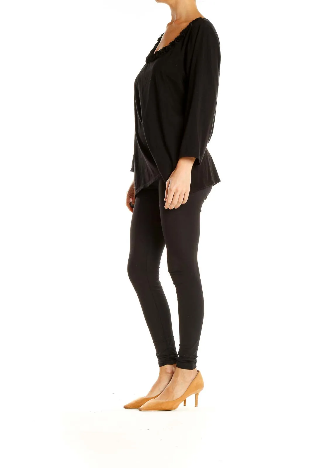 Black Retro Top with Ruffle Neckline
