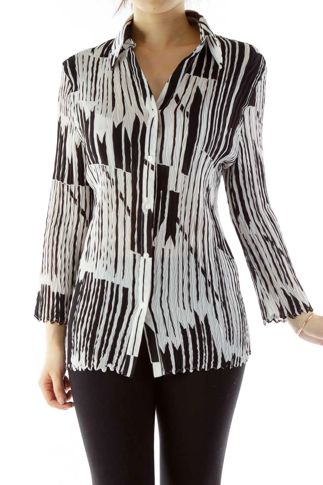 Black White Elastic Geometric Textured Blouse