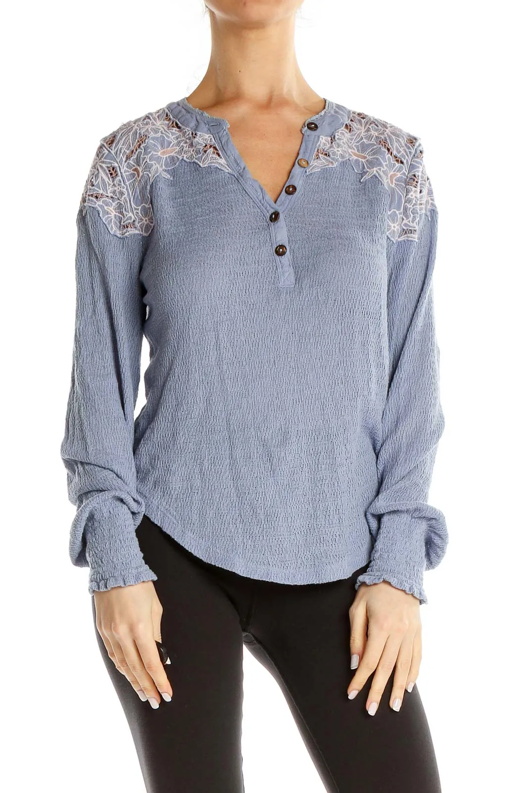 Blue Lace-Trimmed Henley Top