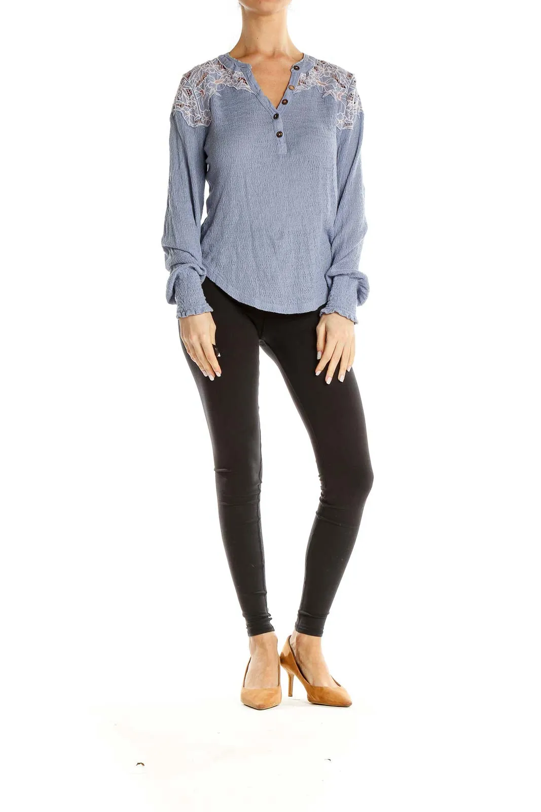 Blue Lace-Trimmed Henley Top