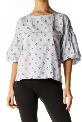 Blue Object Print Retro Blouse