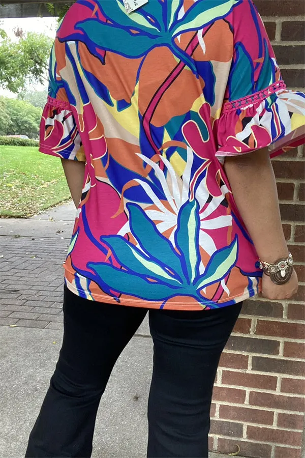 BQ15684 Multi color printed short sleeve/stripe lace&ruffle V-neckline women tops