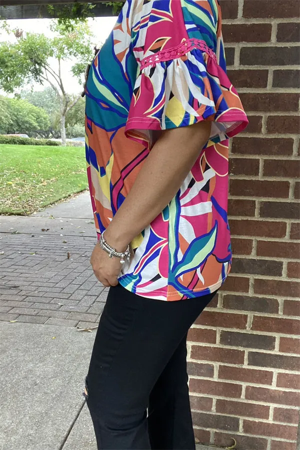 BQ15684 Multi color printed short sleeve/stripe lace&ruffle V-neckline women tops