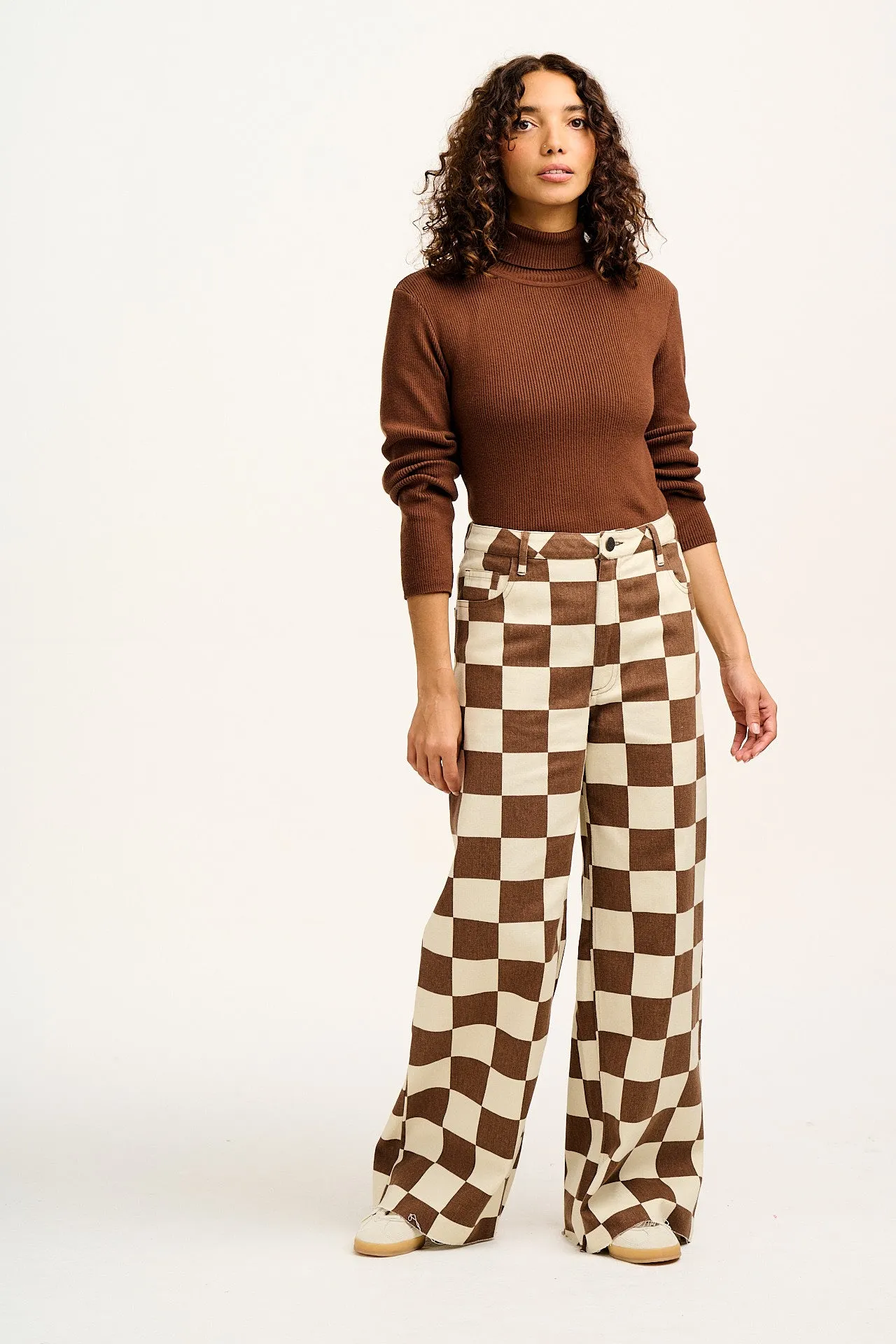 Carter - High Waisted Denim Jeans in Cookies & Cream Checkerboard Print