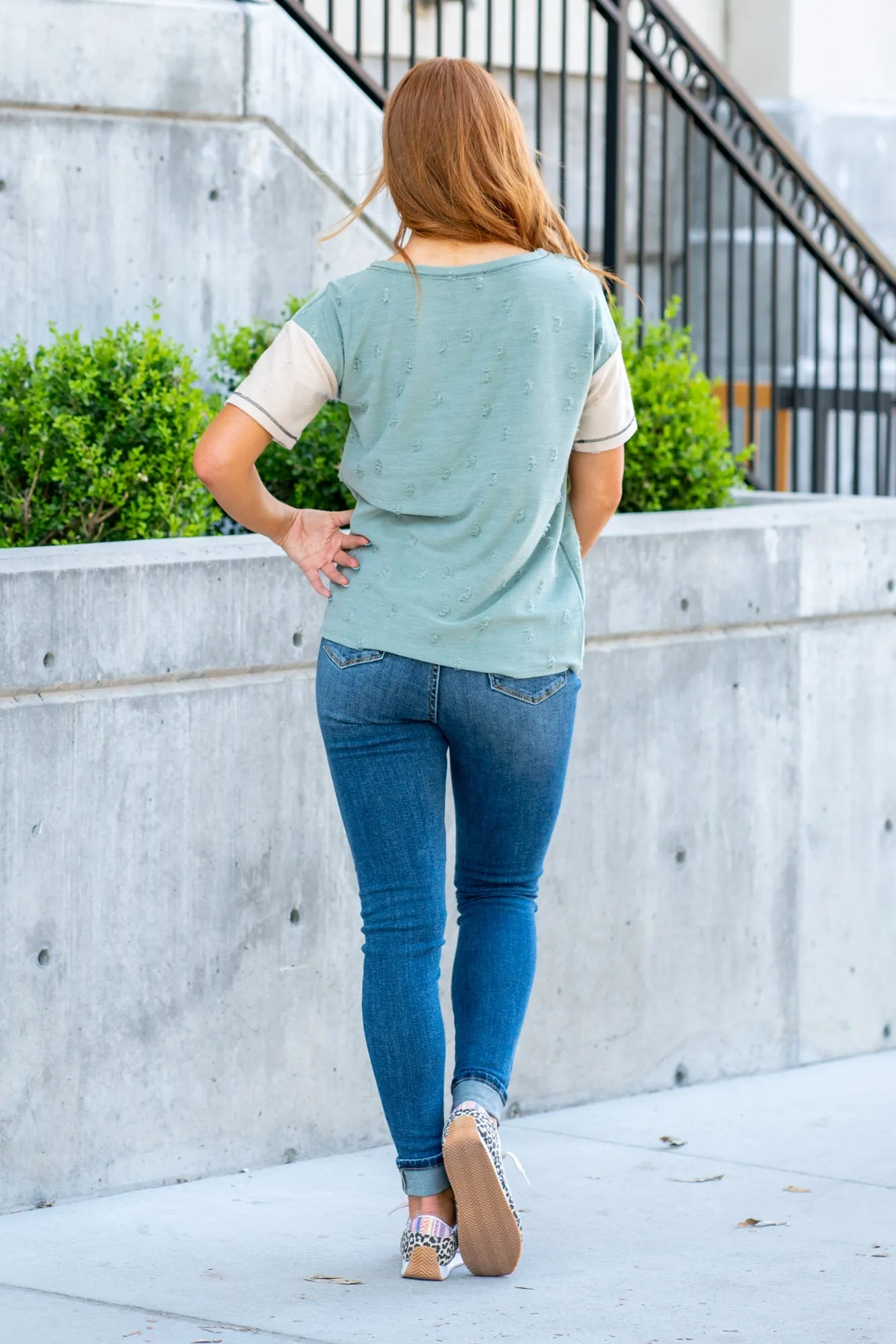Colorblock Henley Top - Sage