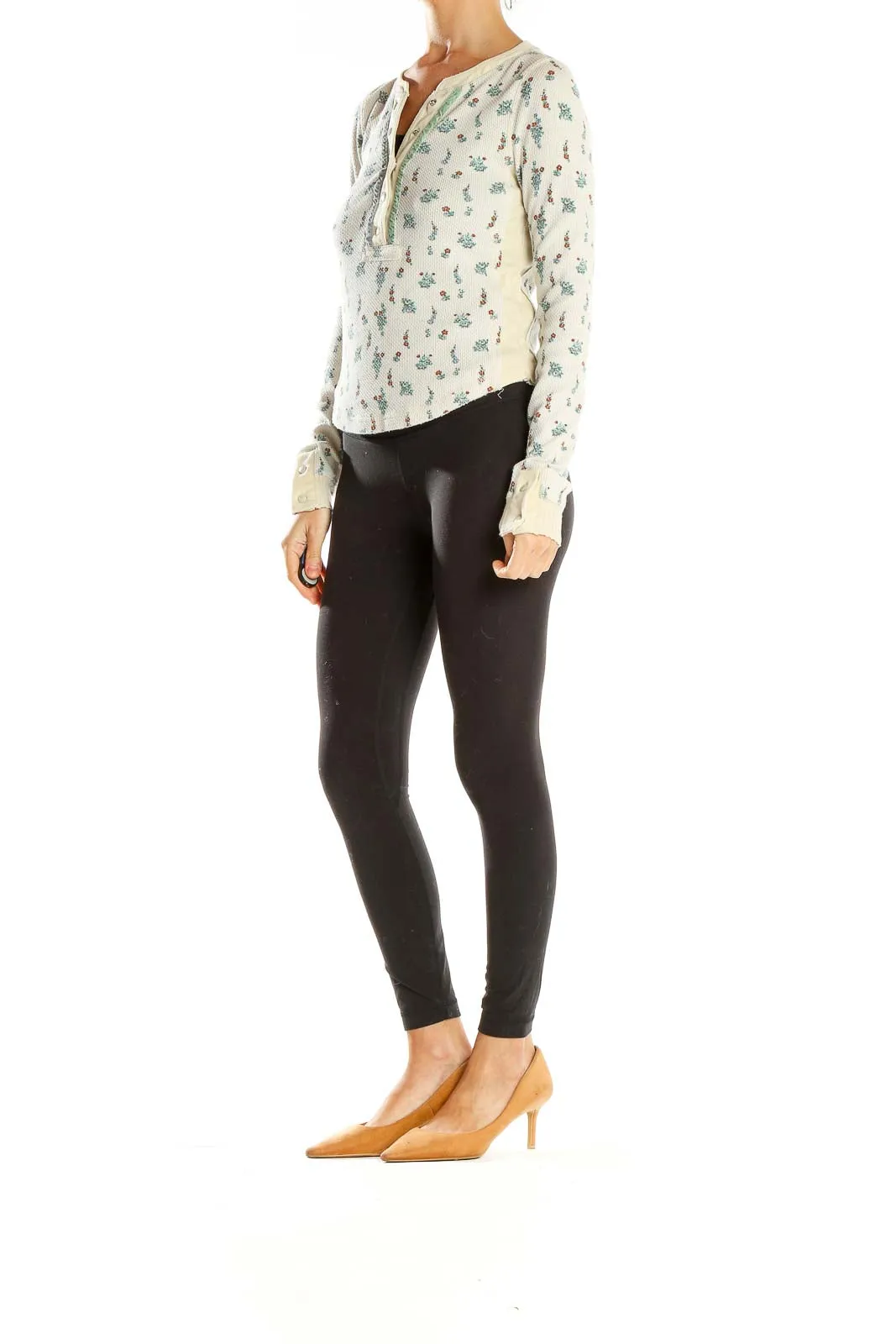 Cream Floral Waffle Knit Henley Top