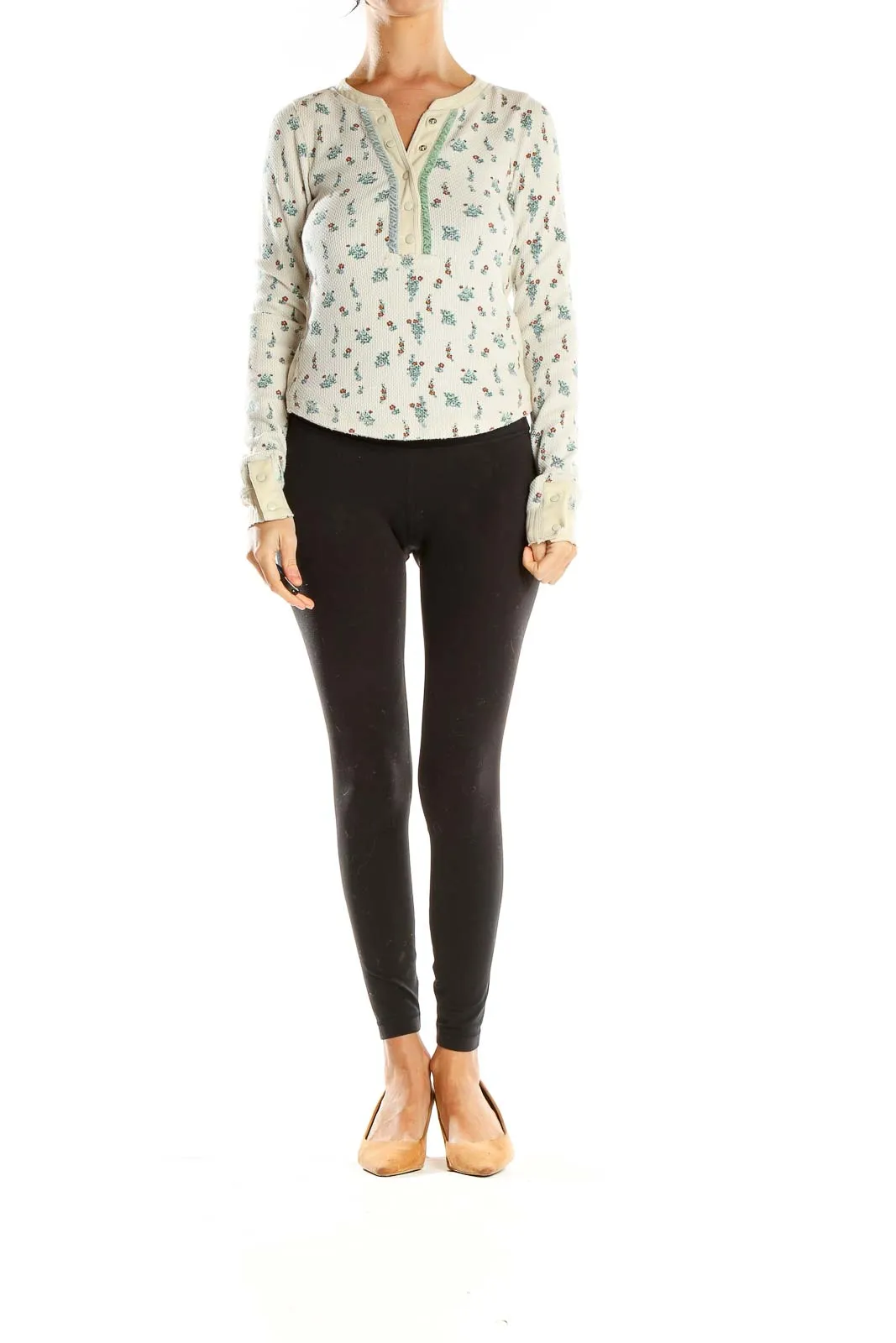 Cream Floral Waffle Knit Henley Top
