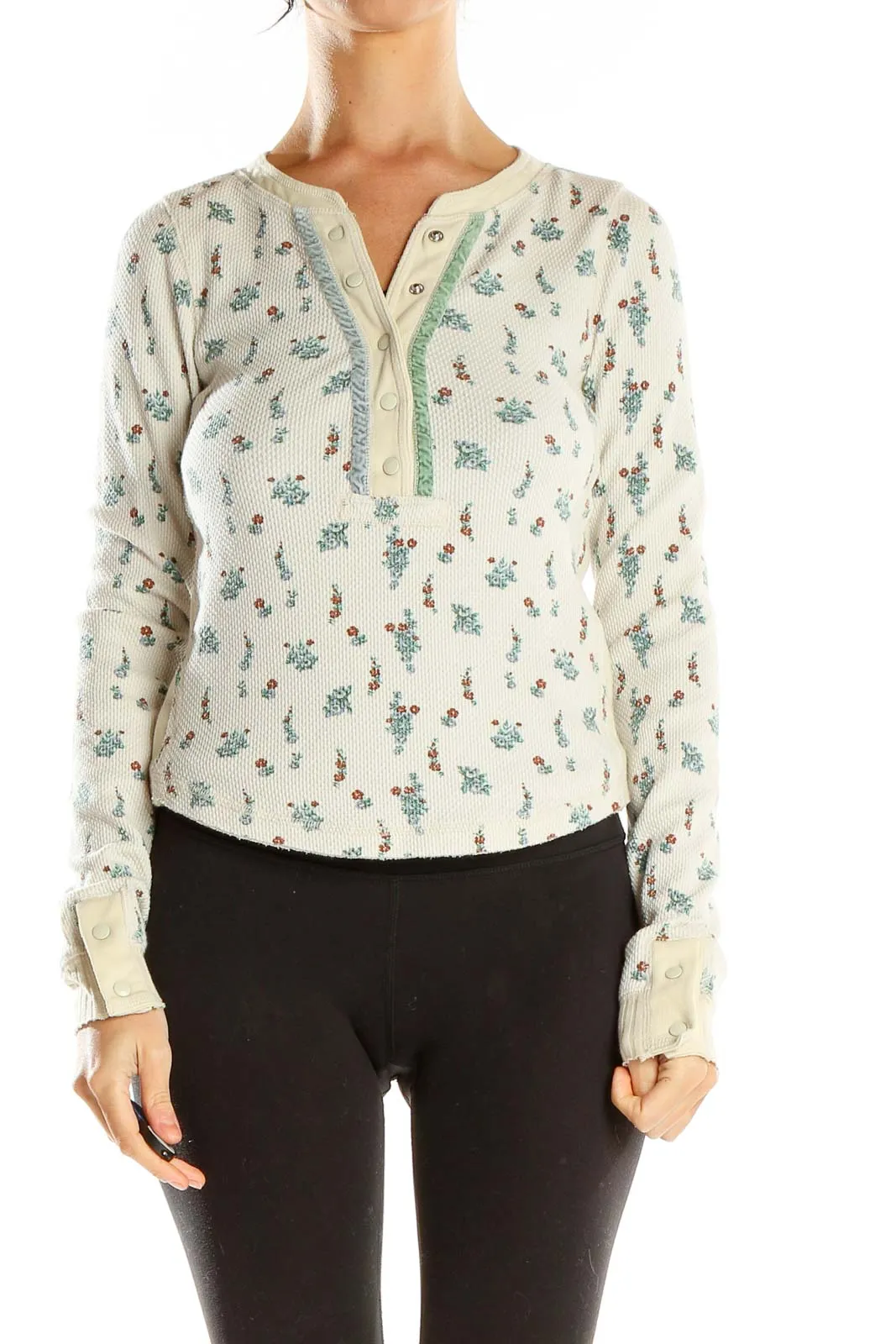 Cream Floral Waffle Knit Henley Top