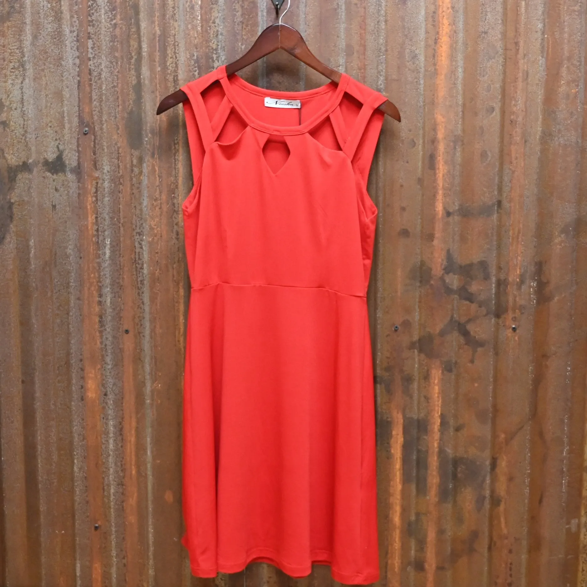 Cut Out Neckline Fit and Flare Dress-Red