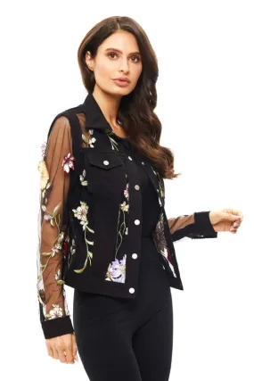 Denim Jacket with Mesh Inserts and Vibrant Embroidery