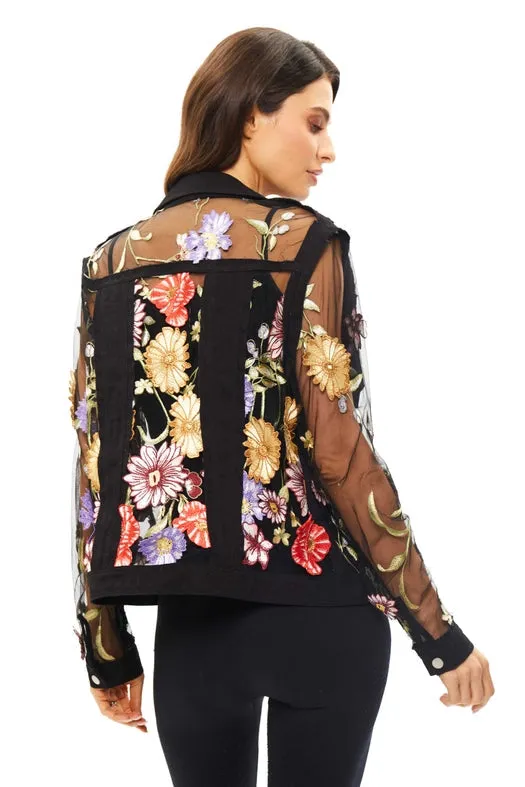 Denim Jacket with Mesh Inserts and Vibrant Embroidery