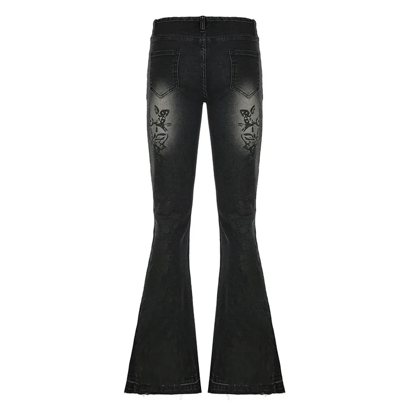 Distressed Flare Jeans mit floralem Muste