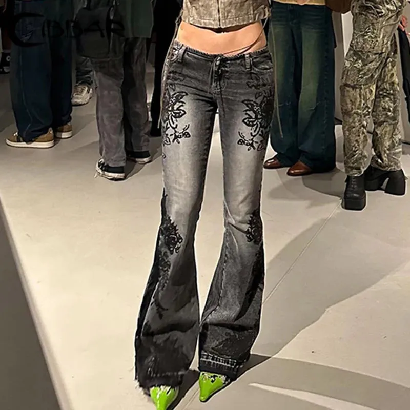 Distressed Flare Jeans mit floralem Muste