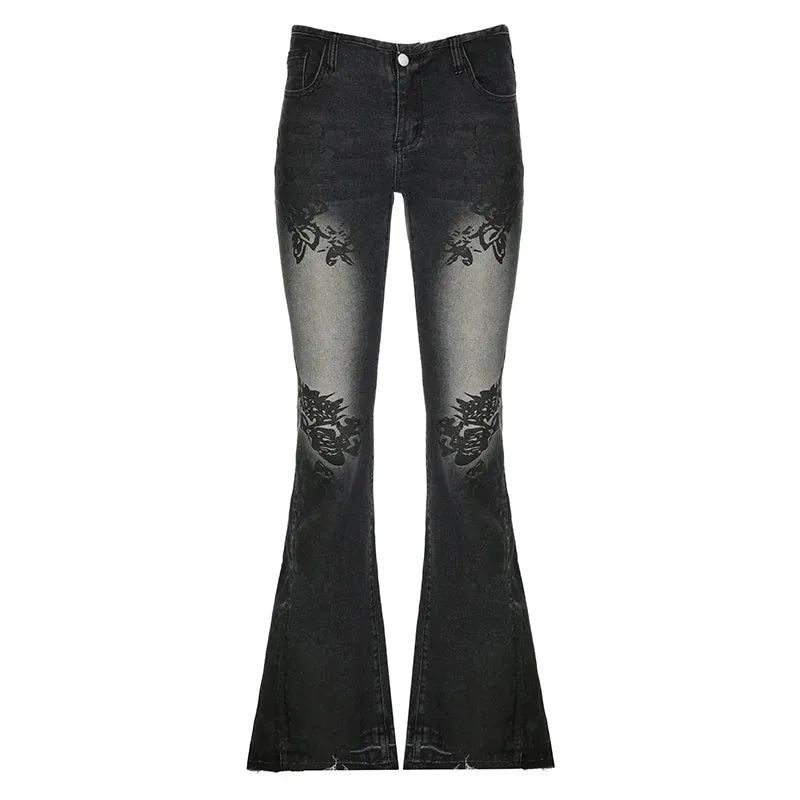 Distressed Flare Jeans mit floralem Muste