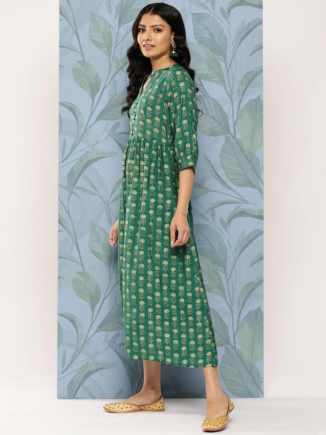 Green Printed Silk Fit and Flare Dress