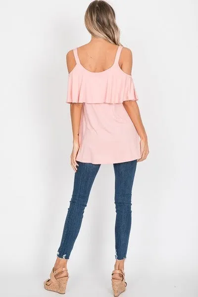 HIGH LOW RUFFLED COLD SHOULDER TOP - INDIGO BLUE