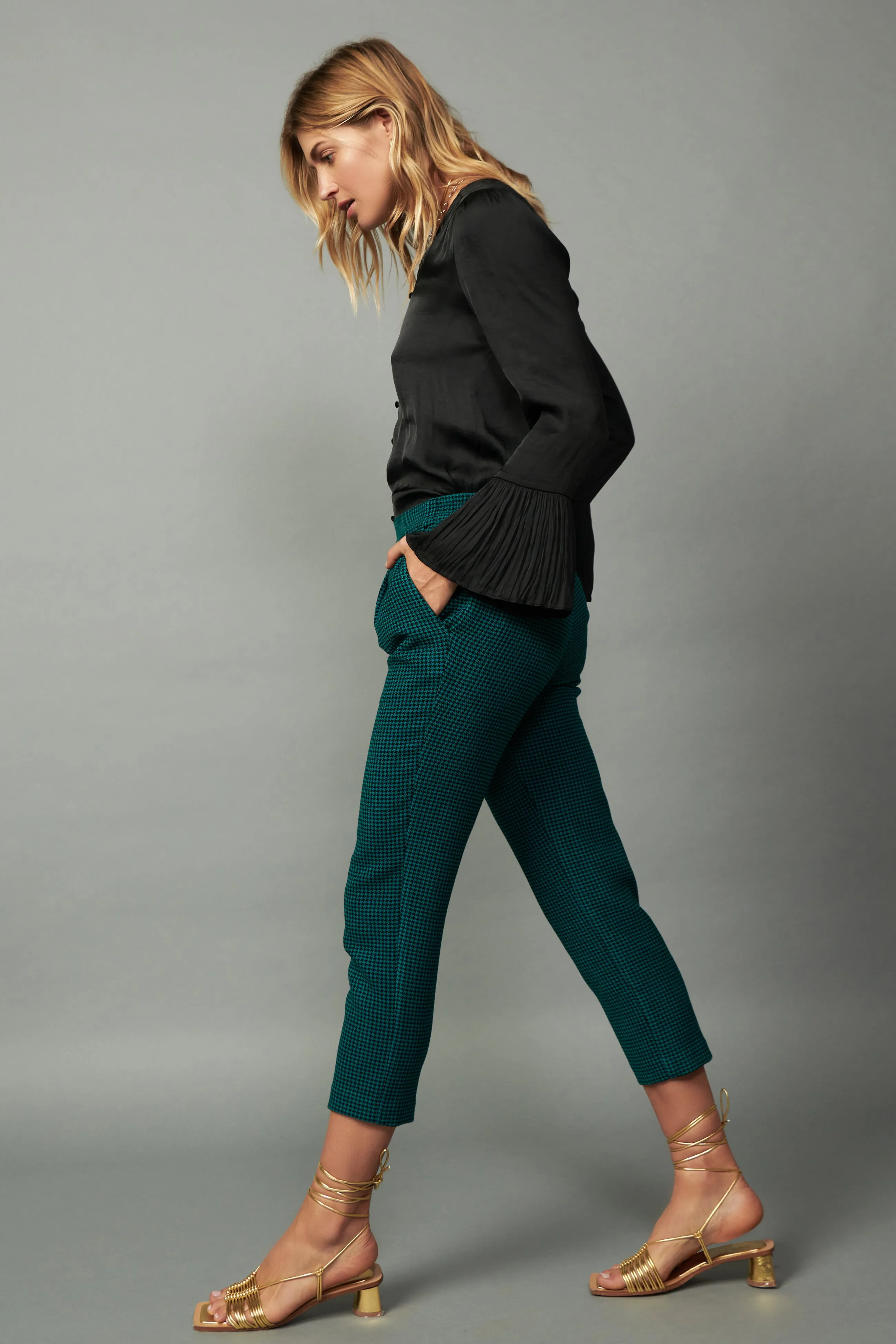 Houndstooth Patterned Straight Pants