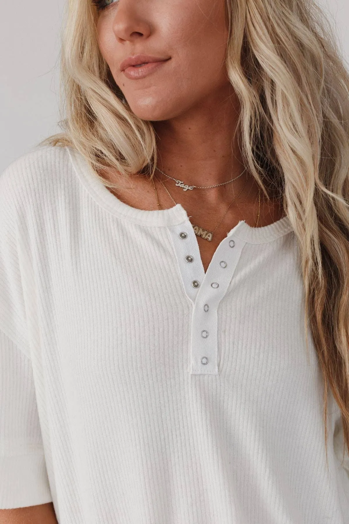 Leila Ribbed Henley Top - Ivory: XL