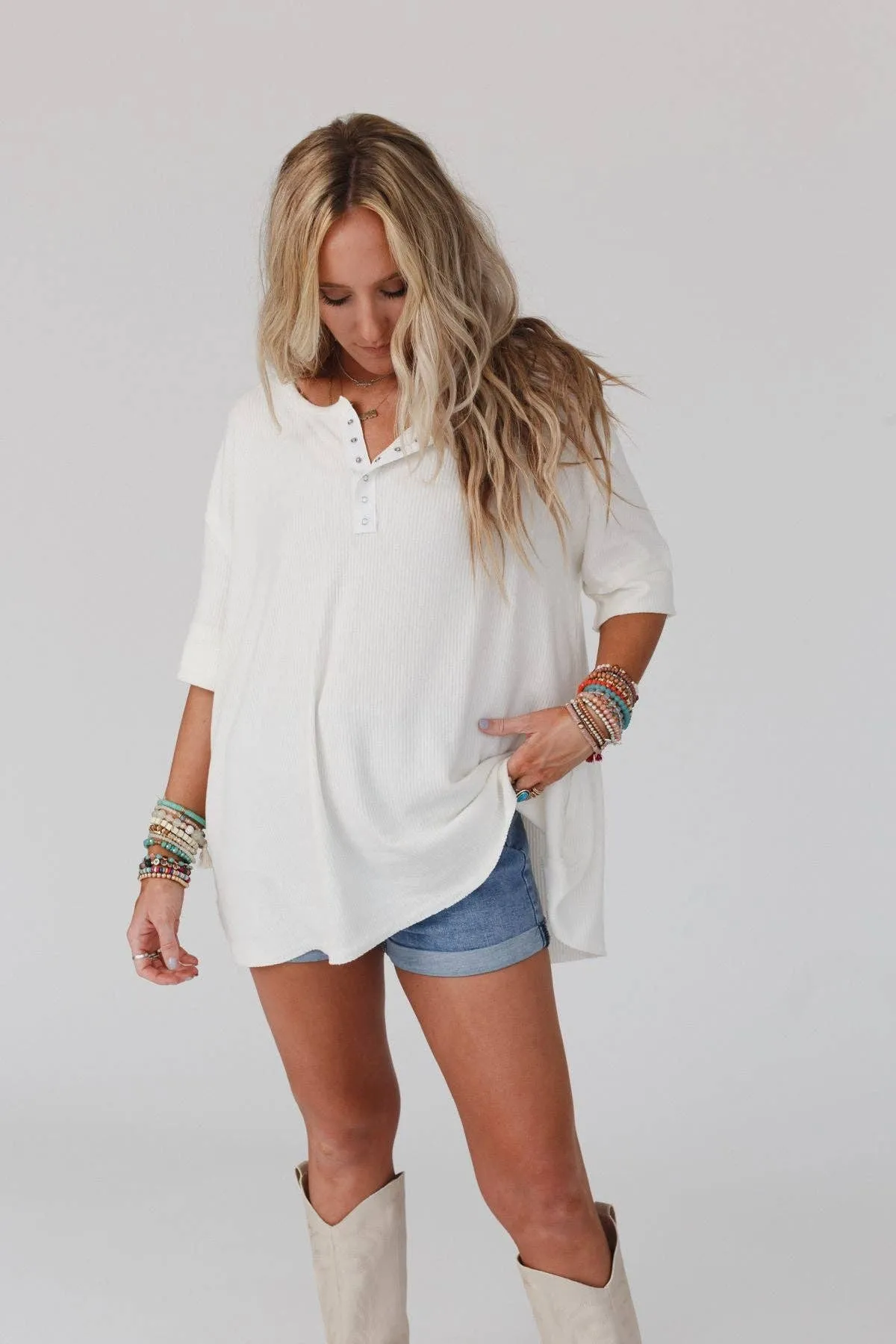 Leila Ribbed Henley Top - Ivory: XL