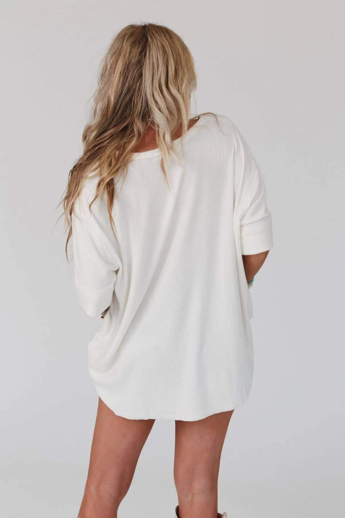 Leila Ribbed Henley Top - Ivory: XL