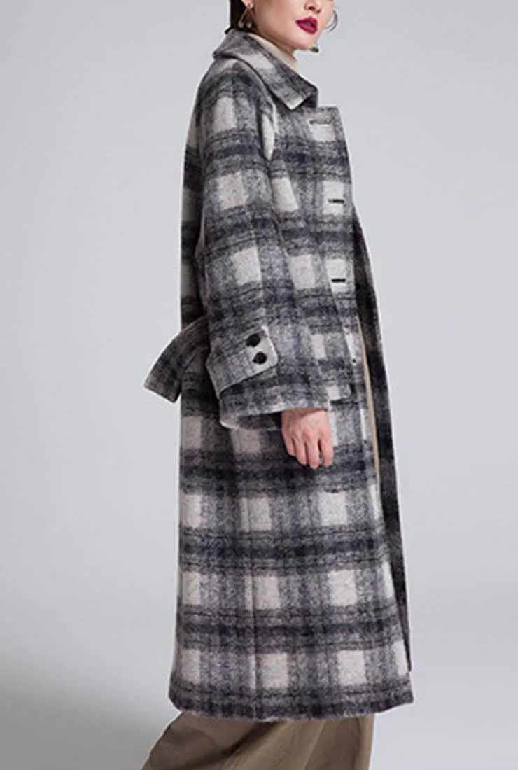 Loose Long Plaid Wool Blend Coat