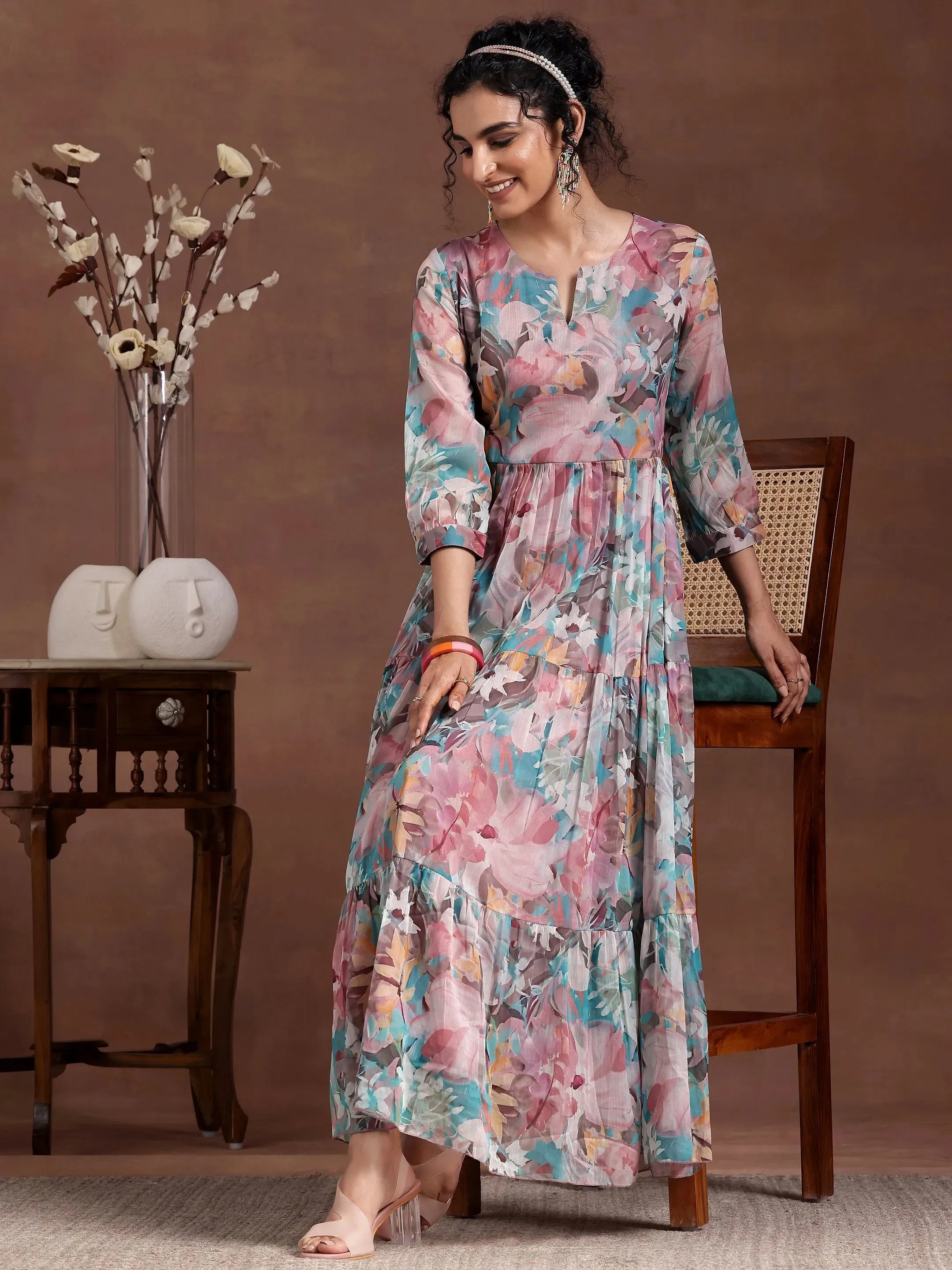 Mauve Printed Chiffon Fit and Flare Dress