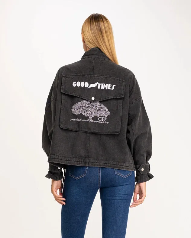 Oversized Denim Jacket With High Collar, Pockets And Graphic On The Back Black