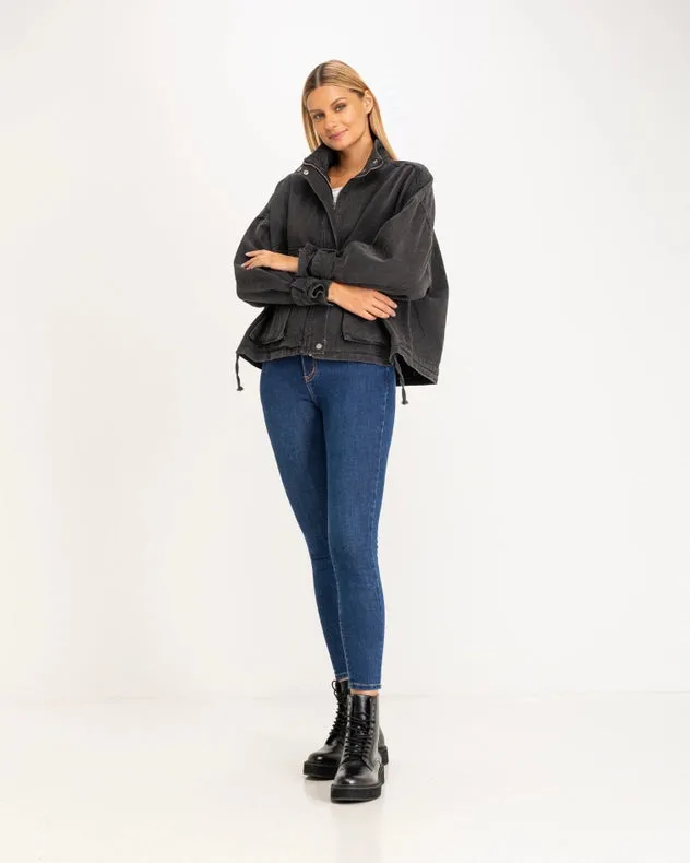 Oversized Denim Jacket With High Collar, Pockets And Graphic On The Back Black