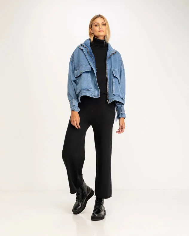 Oversized Denim Jacket With High Collar, Pockets And Graphic On The Back