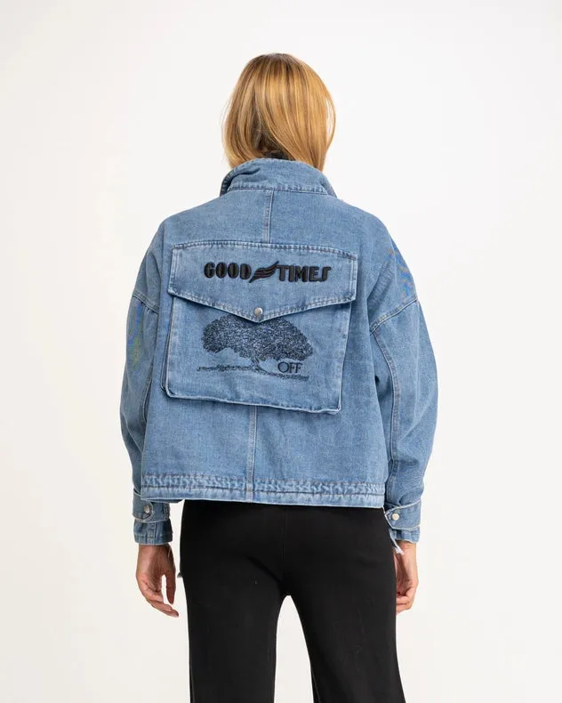 Oversized Denim Jacket With High Collar, Pockets And Graphic On The Back