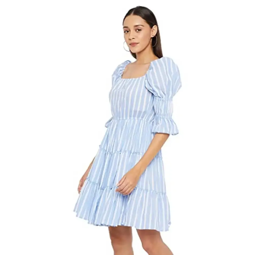 PANIT Women Blue White Stripe Fit and Flare Cotton Dress